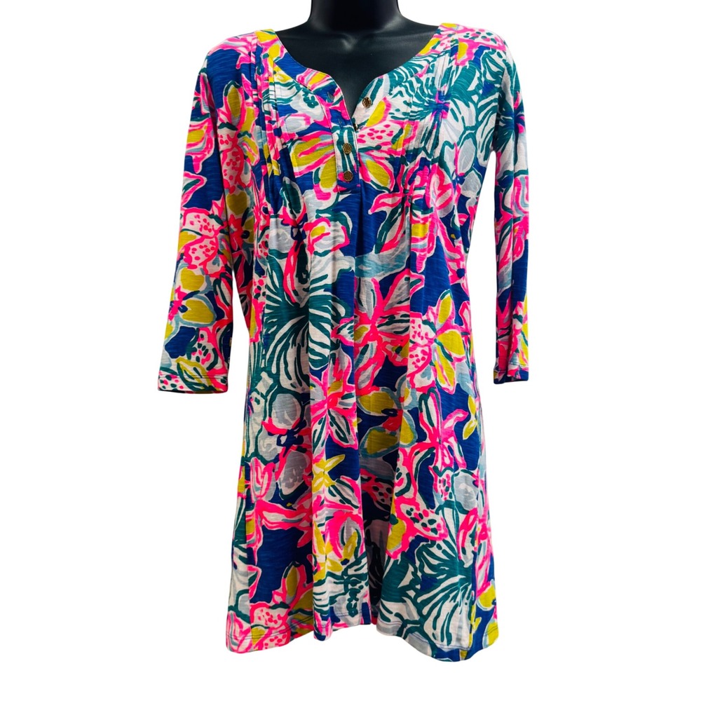 Lilly Pulitzer Women Pink Blue Floral Cotton Modal Slub Jersey Dress Size XS